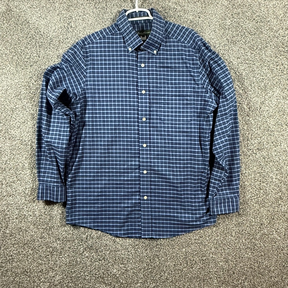 Eddie Bauer Relaxed Fit Wrinkle Resistant Blue Plaid Button Down Shirt Mens L